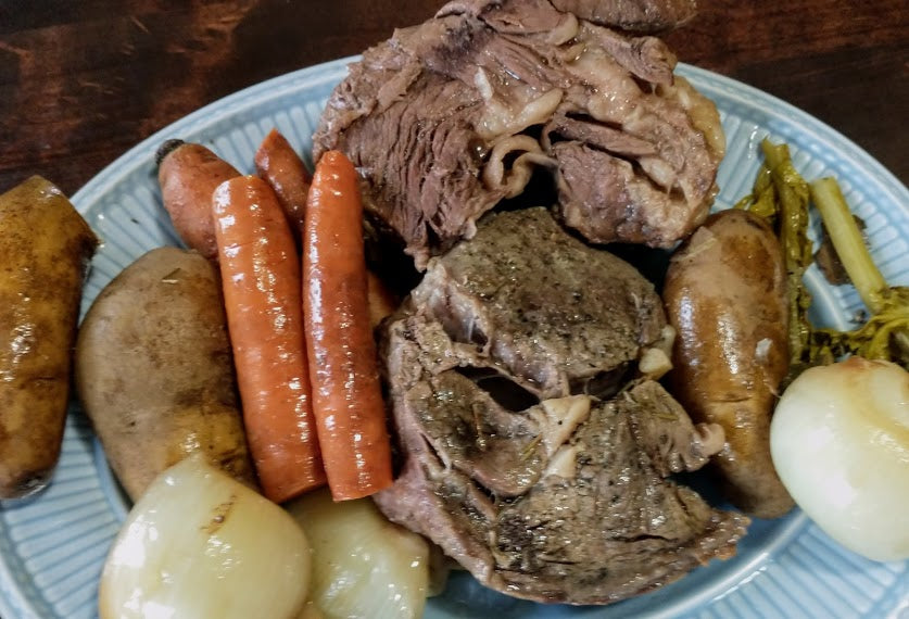 Wagyu beef pot roast with carrot onion potato and celery