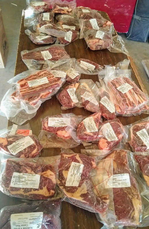 Various froze packaged Bennion Beef cuts in a quarter beef American Wagyu.